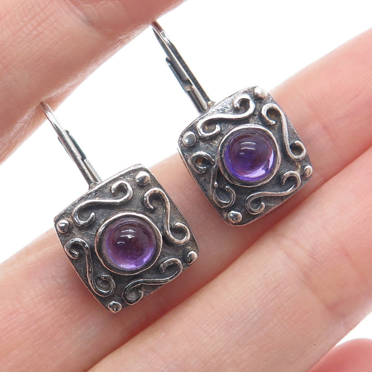 925 Sterling Silver Vintage Real Amethyst Modernist Swirl Oxidized Earrings