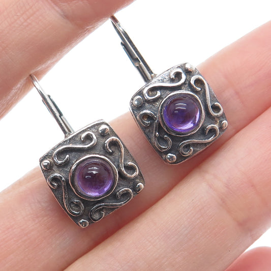925 Sterling Silver Vintage Real Amethyst Modernist Swirl Oxidized Earrings