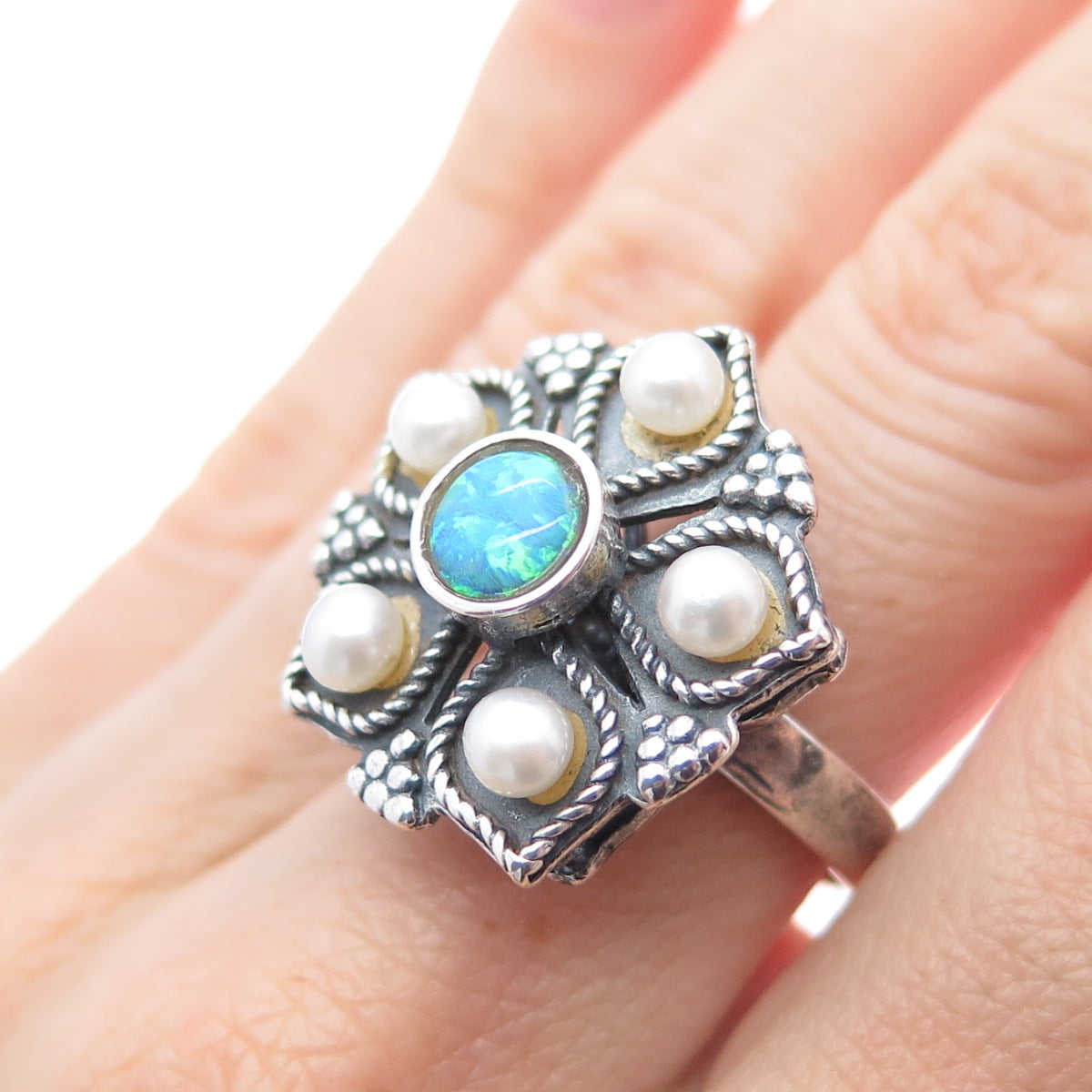 925 Sterling Silver Vintage Real Pearl & Opal Flower Oxidized Ring Size 7.25
