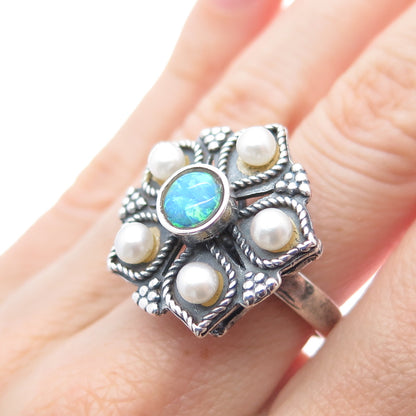 925 Sterling Silver Vintage Real Pearl & Opal Flower Oxidized Ring Size 7.25