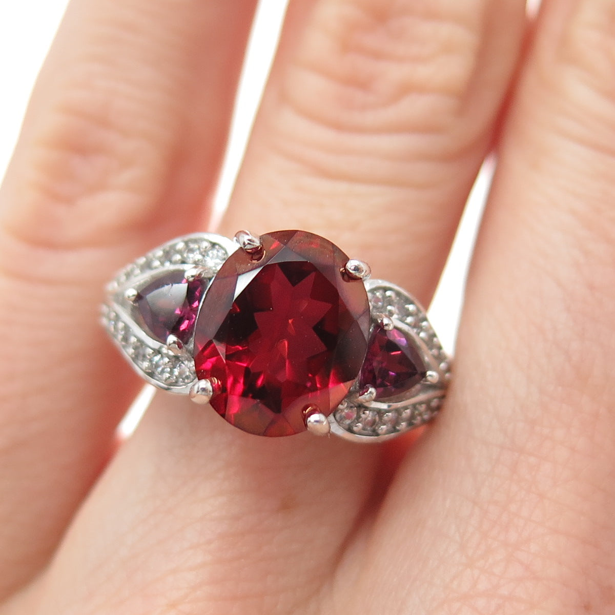 925 Sterling Silver Lab-Created Ruby Real White Topaz Tourmaline Ring Size 6.25