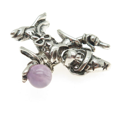 DISNEY 925 Sterling Silver Vintage Real Amethyst Gem Mickey Mouse Pin Brooch