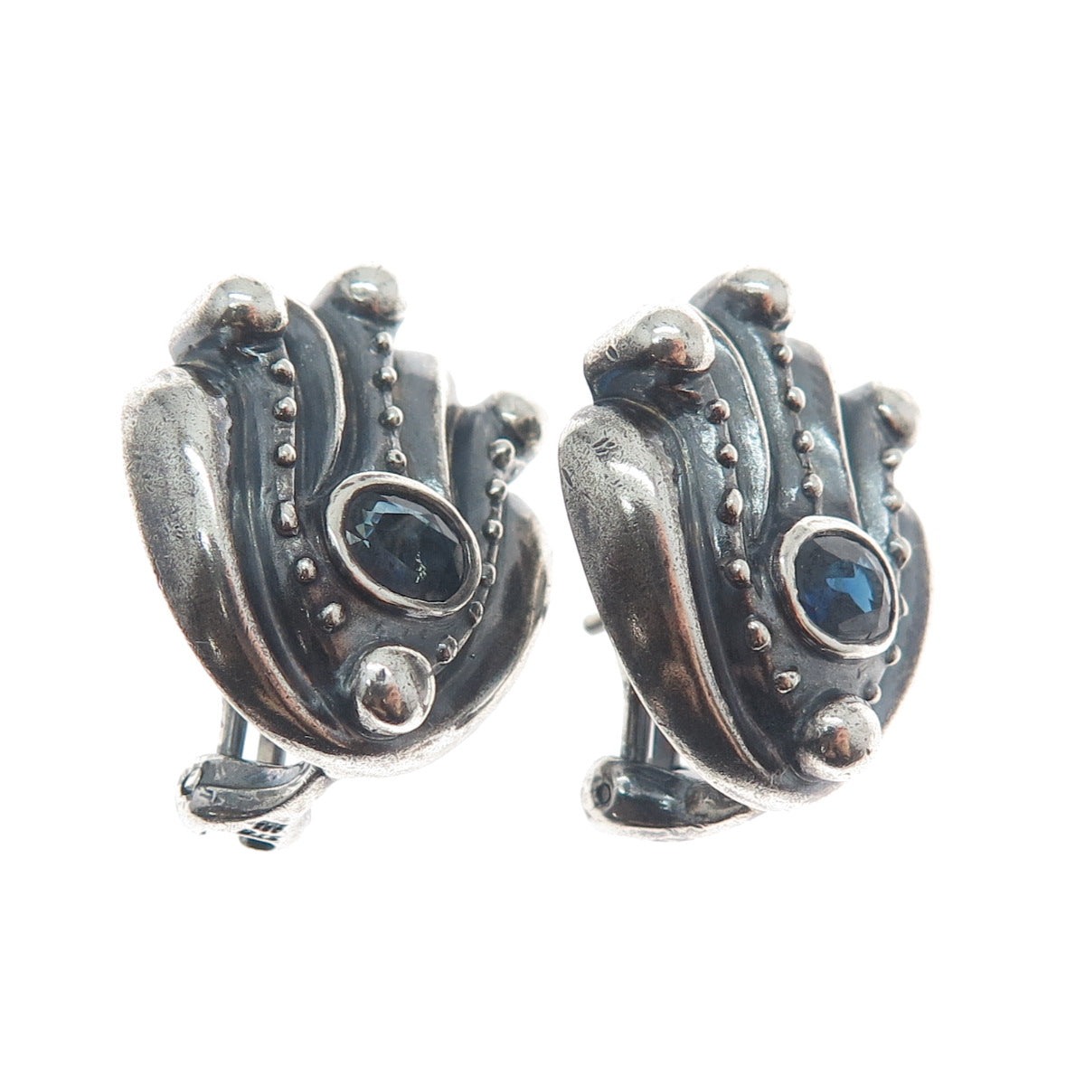 925 Sterling Silver Vintage Real Sapphire Modernist Oxidized Omega Back Earrings