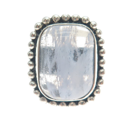 925 Sterling Silver Vintage Real Quartz Beaded Oxidized Ring Size 8.5