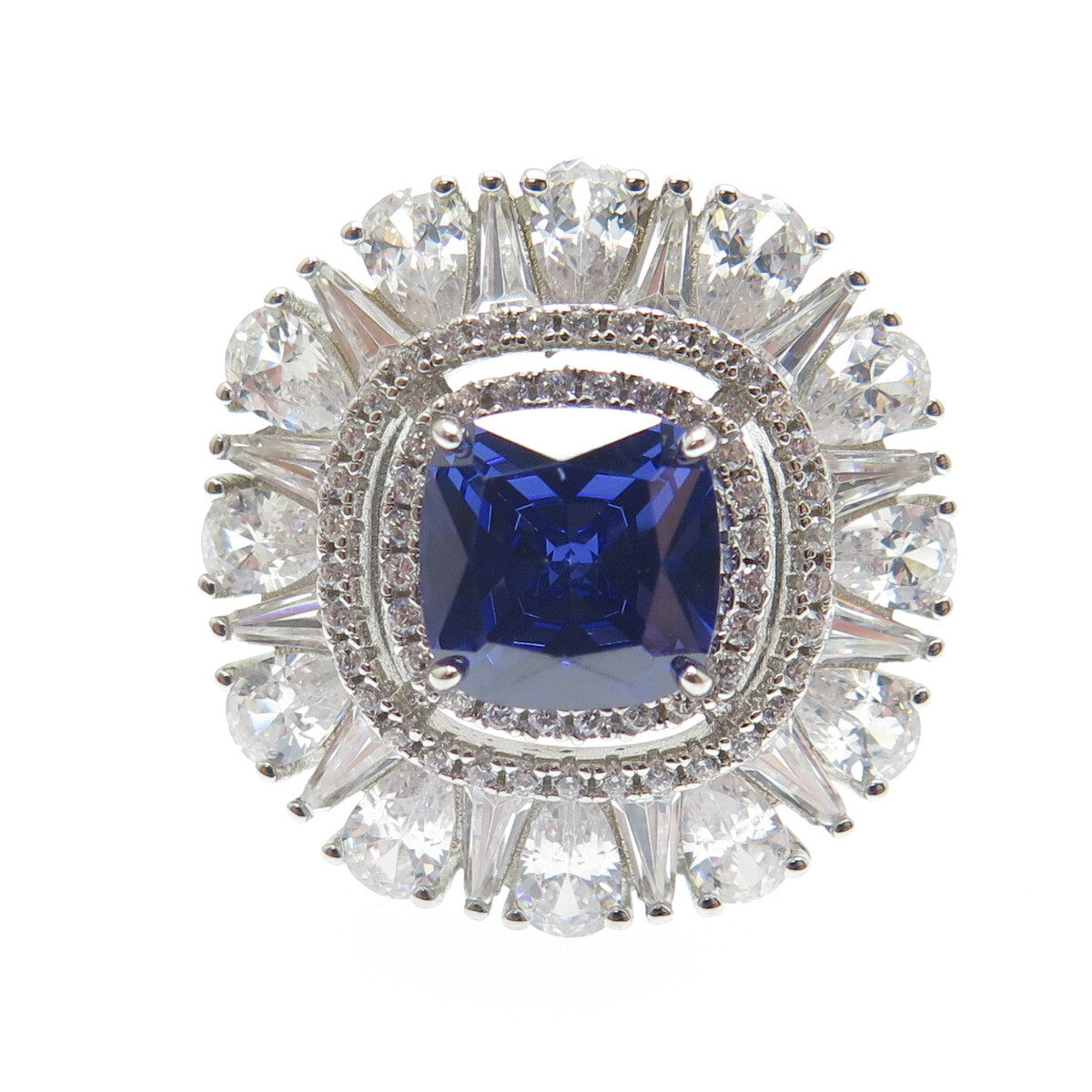 DSMK 925 Sterling Silver White & Blue Multi-C Z Cluster Wide Ring Size 7.25