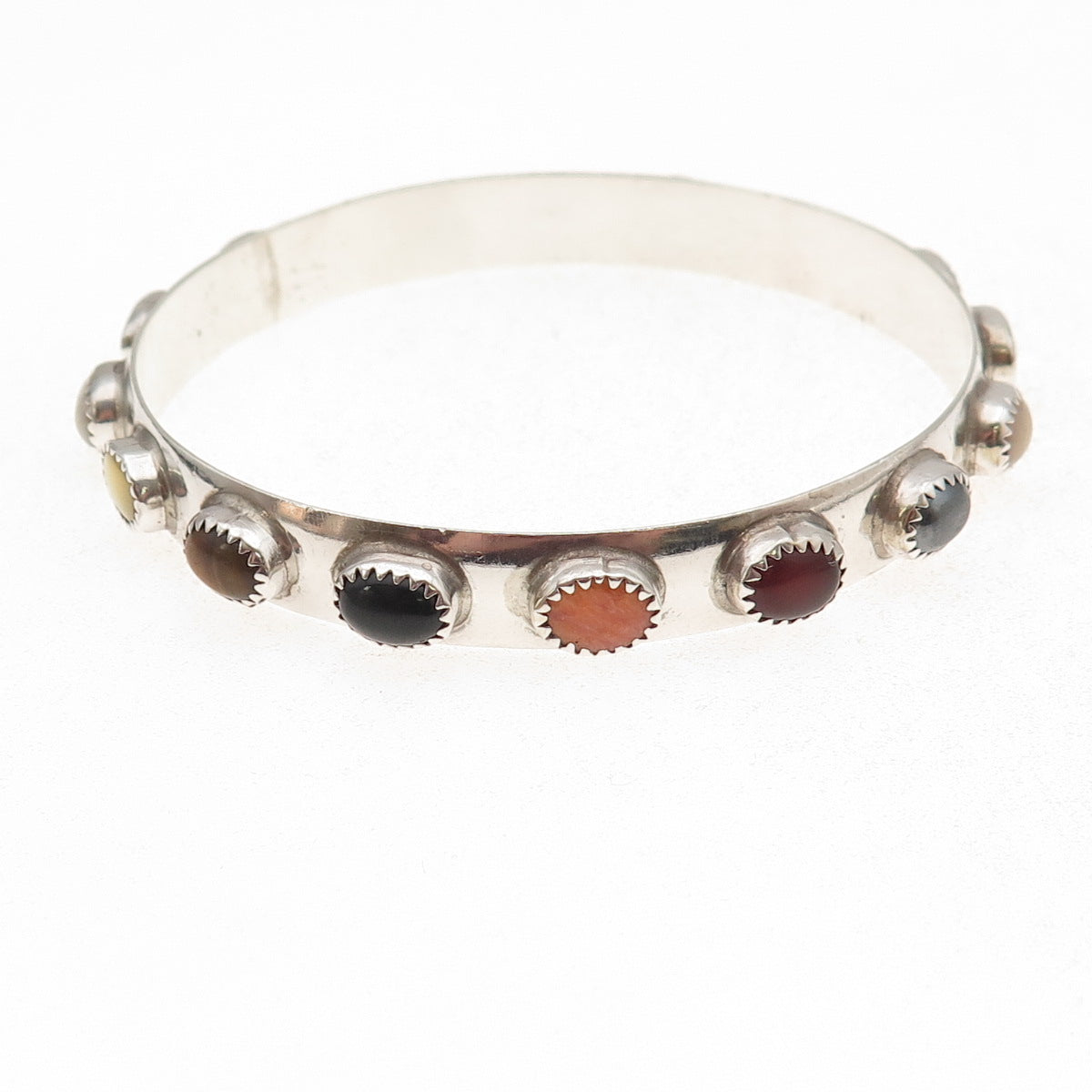 Lenora Begay Navajo Old Pawn 925 Sterling Vintage Multi-Gem Bangle Bracelet 8"