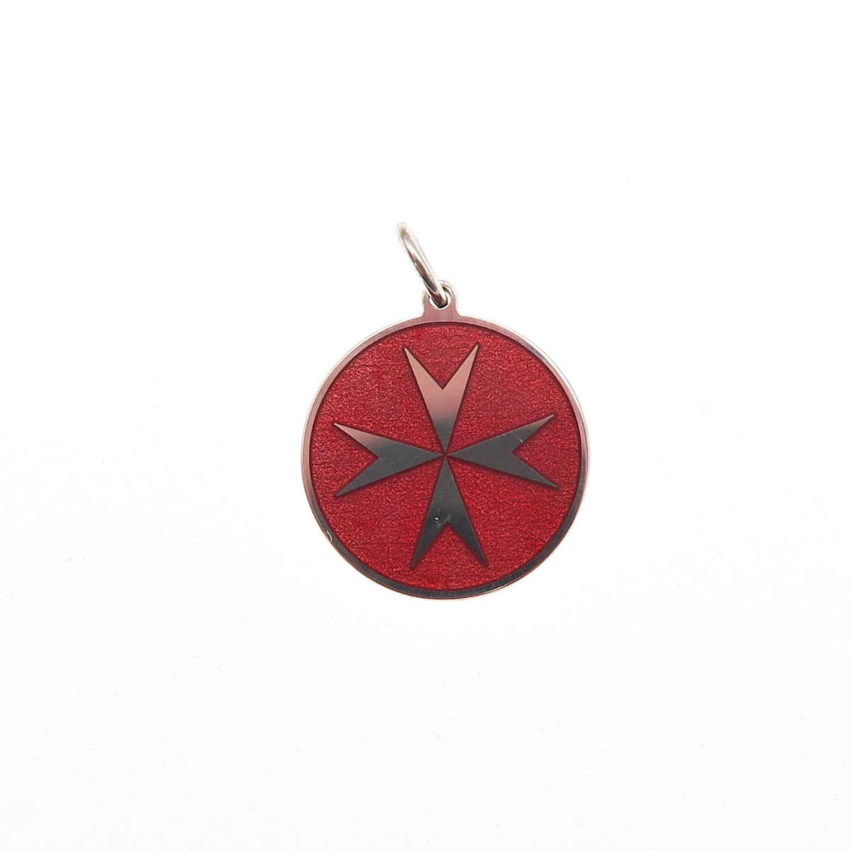 925 Sterling Silver Red Enamel Maltese Cross Round Tag Mini Charm Pendant