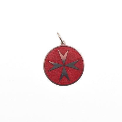 925 Sterling Silver Red Enamel Maltese Cross Round Tag Mini Charm Pendant
