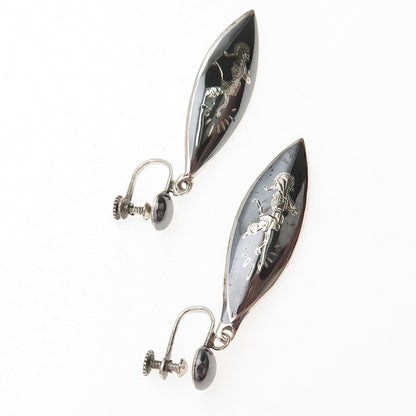 925 Sterling Silver Antique Art Deco Niello Hindu Goddess Screw Back Earrings