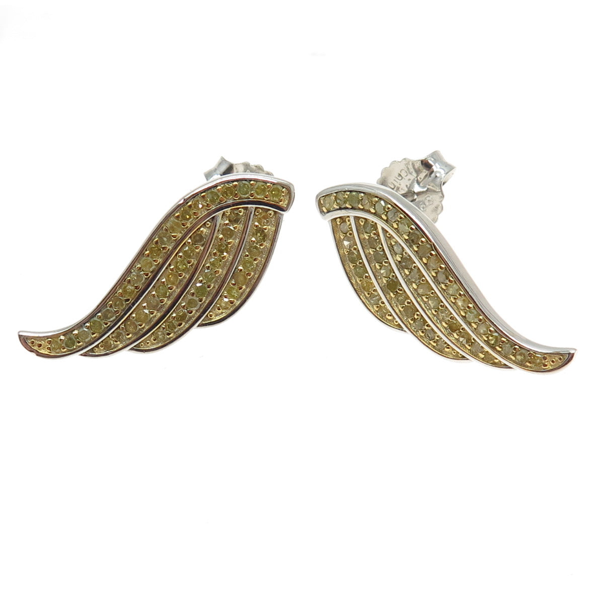 925 Sterling Silver 2-Tone Real Round-Cut Canary Diamond Angel Wing Earrings