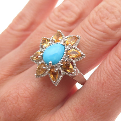 Chuck Clemency 925 Sterling Silver Real Turquoise Citrine Floral Ring Size 8.25