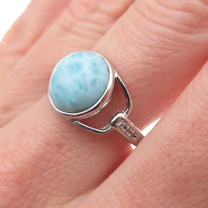 925 Sterling Silver Real Larimar & C Z Modernist Ring Size 7.25