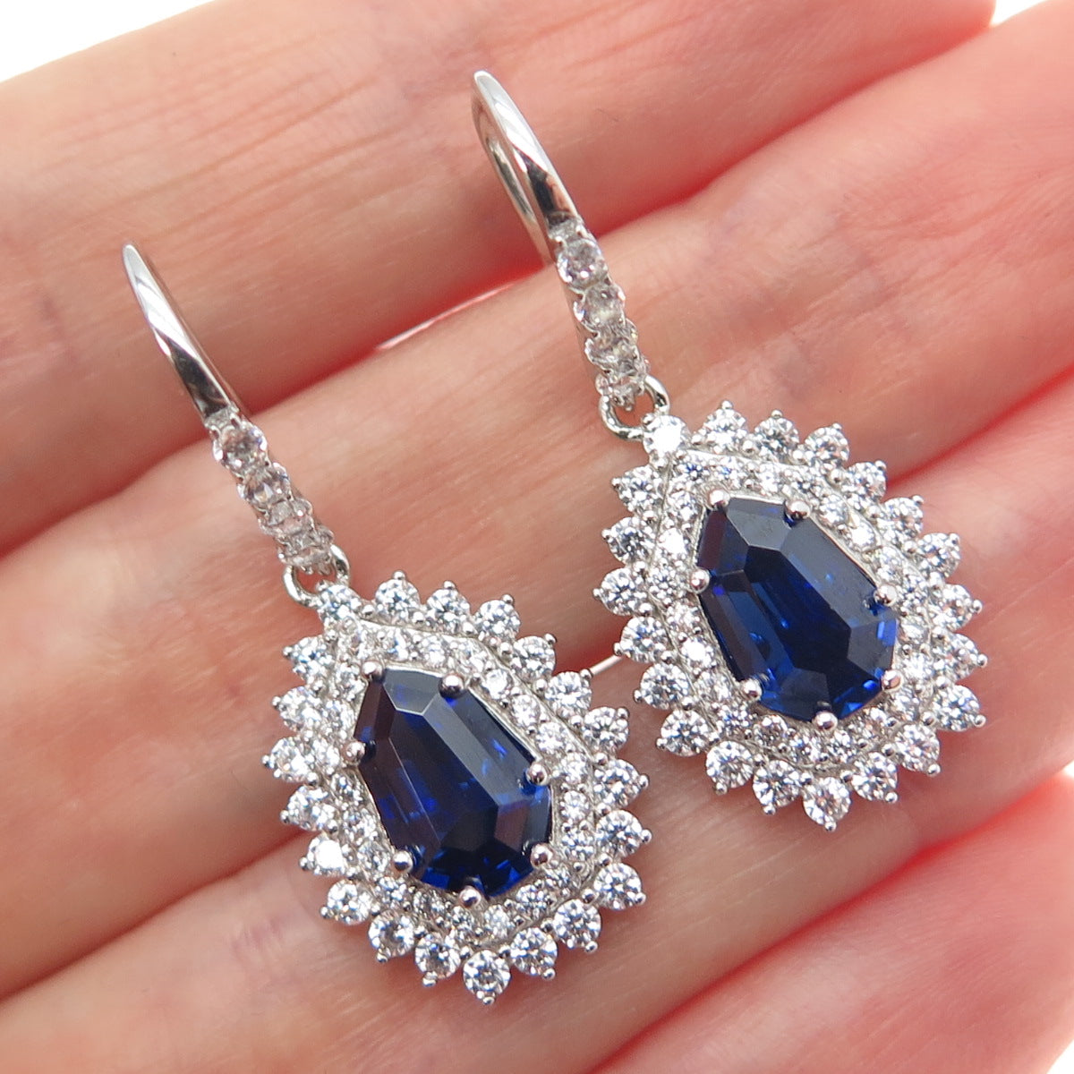 DSMK 925 Sterling Silver Pear & Round-Cut Blue White C Z Dangle Earrings