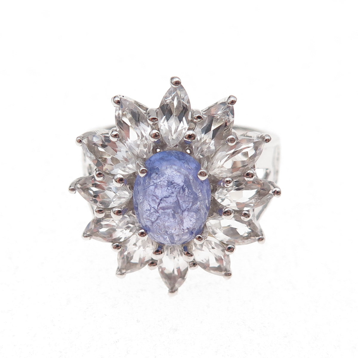 925 Sterling Silver Real Tanzanite & White Topaz Floral Ring Size 8