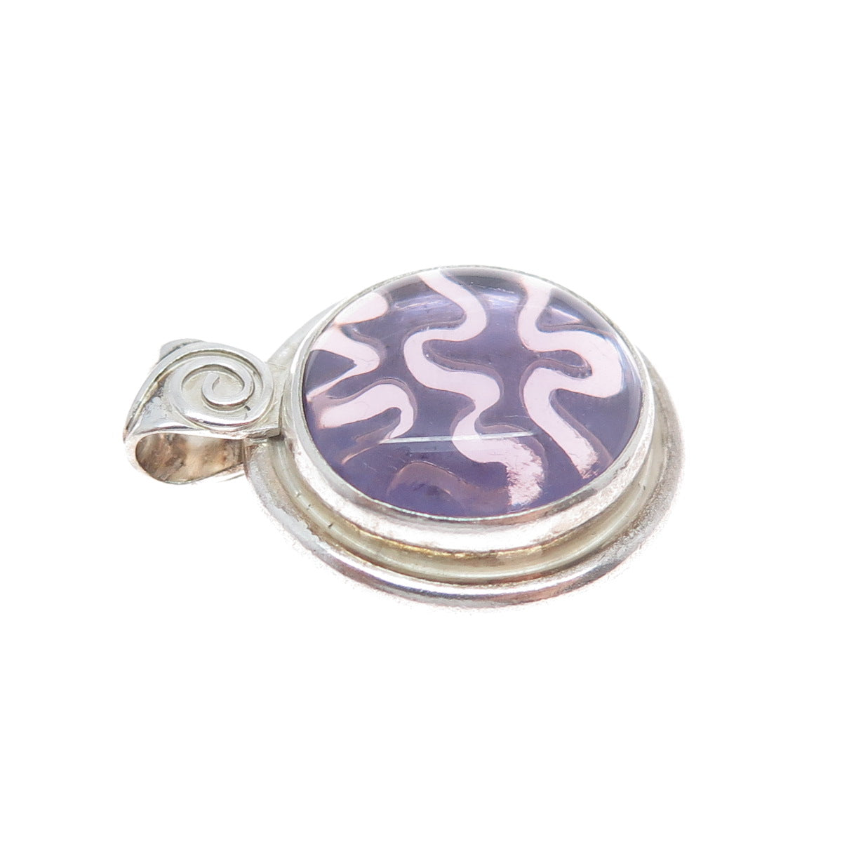 925 Sterling Silver Vintage Purple Glass Modernist Charm Pendant