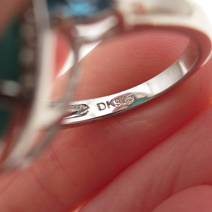 925 Sterling Silver Real Turquoise Blue & White Topaz Ring Size 8