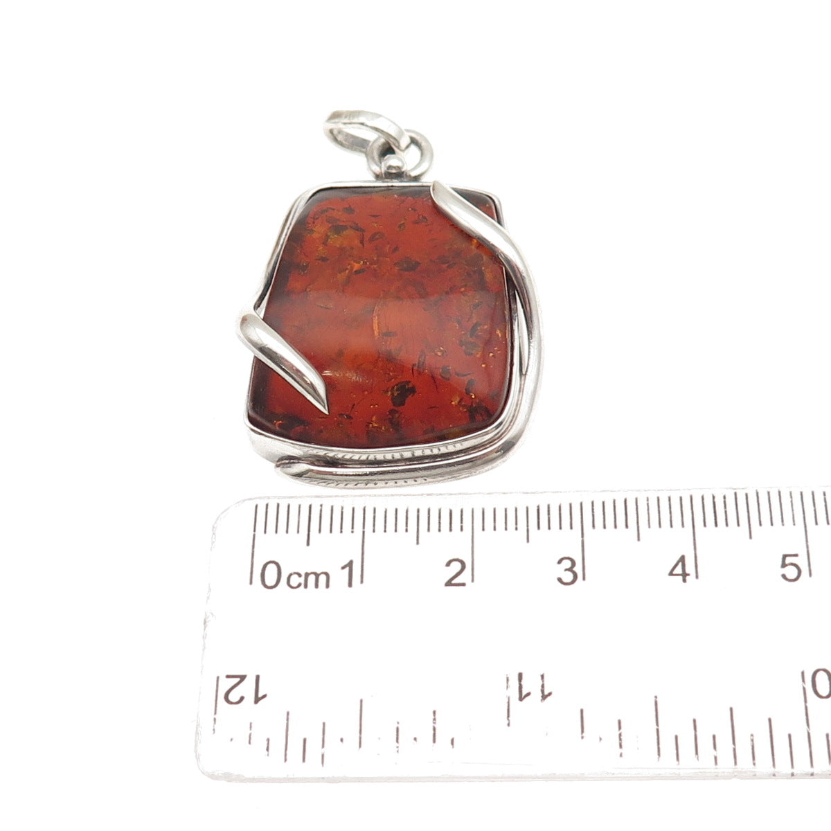 925 Sterling Silver Vintage Real Amber Modernist Oxidized Pendant