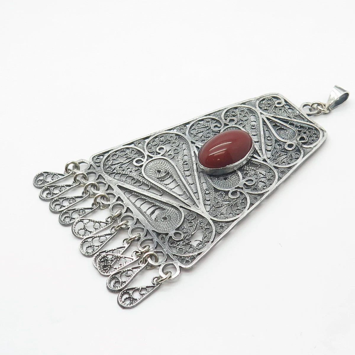 925 Sterling Silver Vintage Israel Real Carnelian Gemstone Filigree Pendant