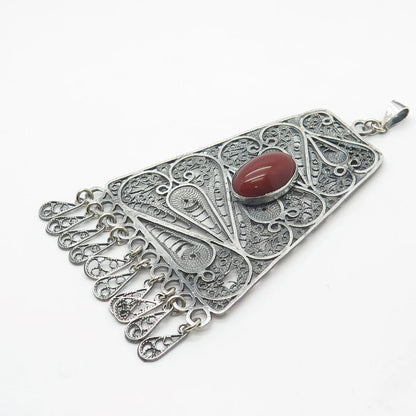 925 Sterling Silver Vintage Israel Real Carnelian Gemstone Filigree Pendant