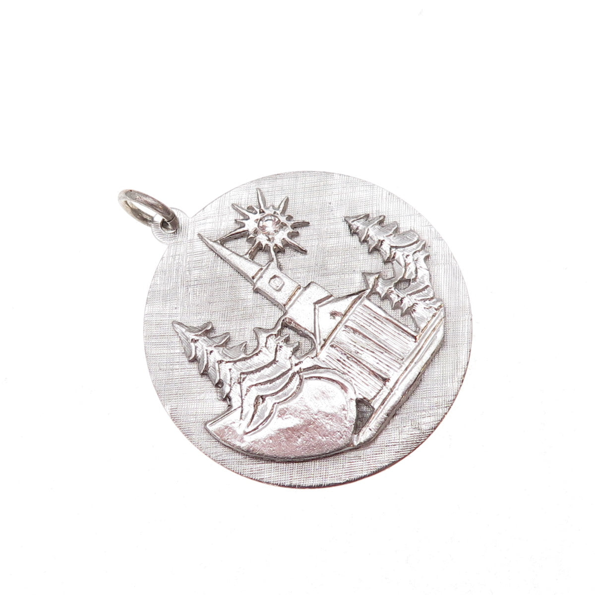 Crown 925 Sterling Silver Vintage Real White Topaz Winter Scene Charm Pendant