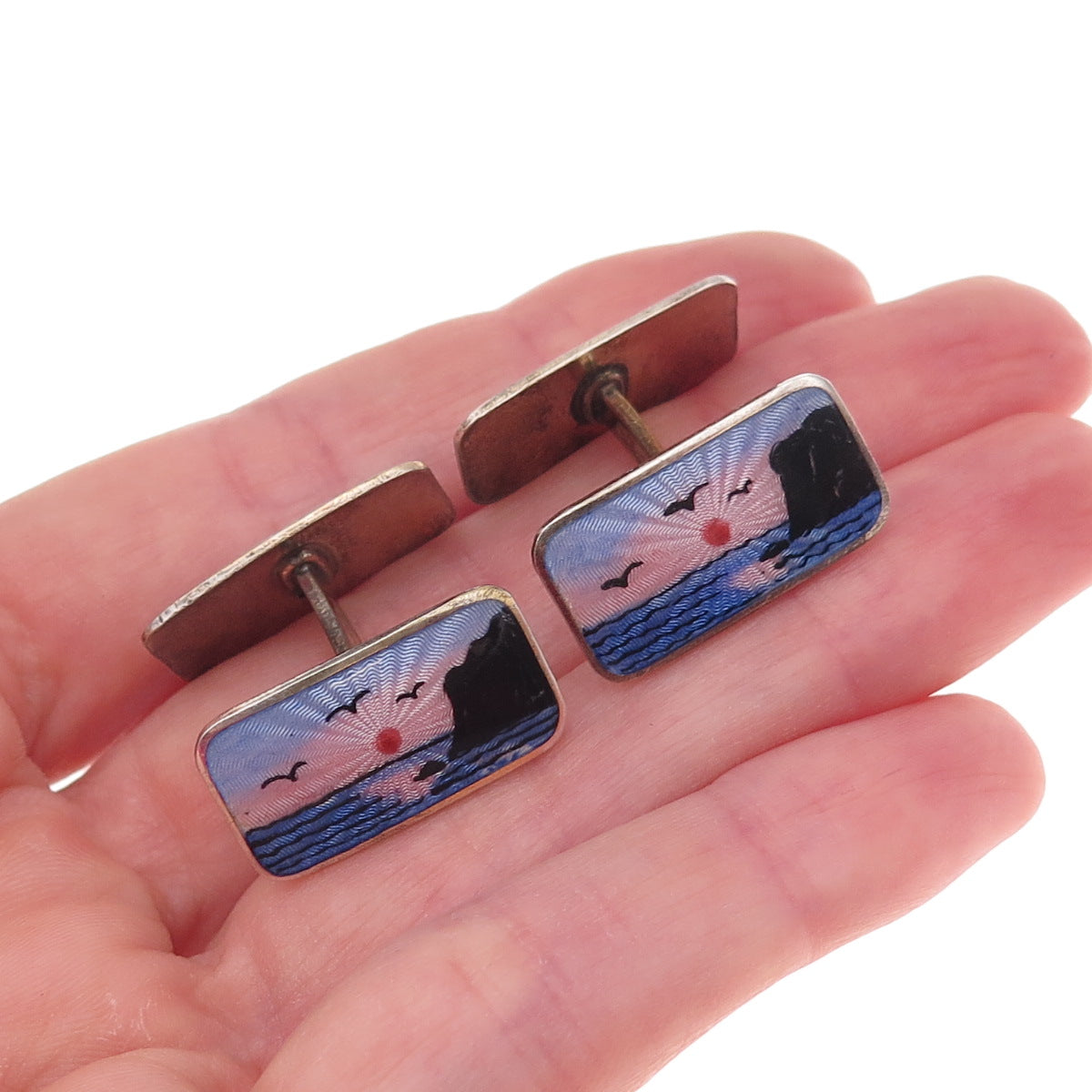 Aksel Holmsen 925S Sterling Gold Plated Vintage Norway Enamel Reindeer Cufflinks