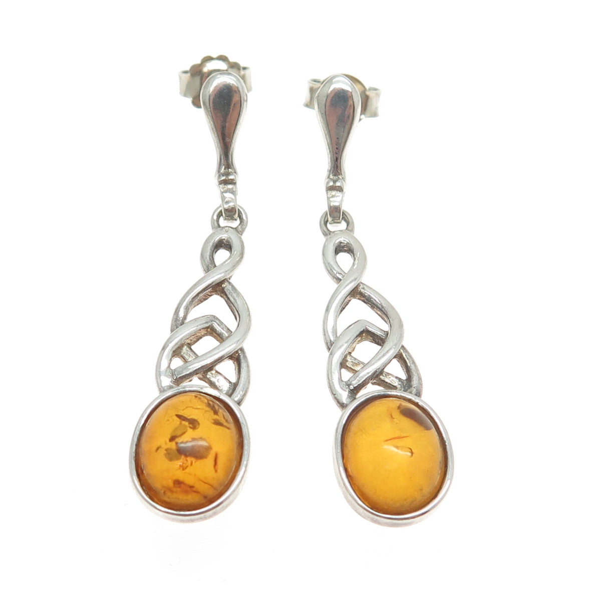 925 Sterling Silver Vintage Real Amber Celtic Trinity & Infinity Knot Earrings