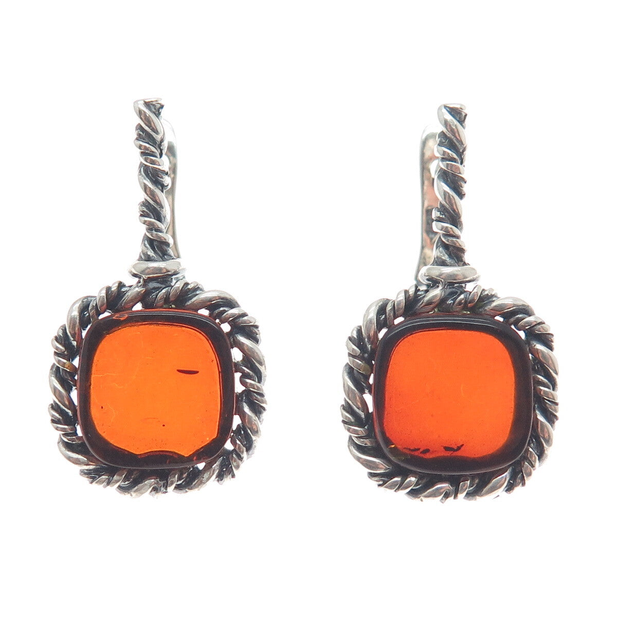 925 Sterling Silver Vintage Real Amber Roped Oxidized Earrings