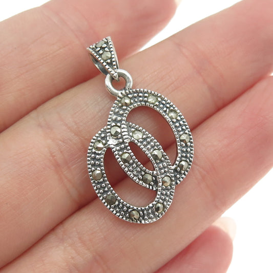 925 Sterling Silver Vintage Real Marcasite Interlocked Minimalist Pendant