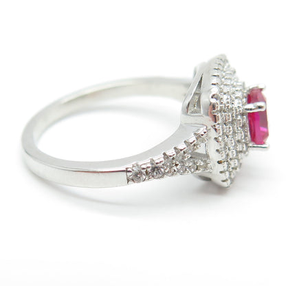 925 Sterling Silver Cushion-Cut Lab-Created Pink Sapphire & C Z Ring Size 7