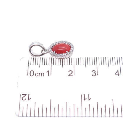 925 Sterling Silver Real Coral & C Z Minimalist Charm Pendant