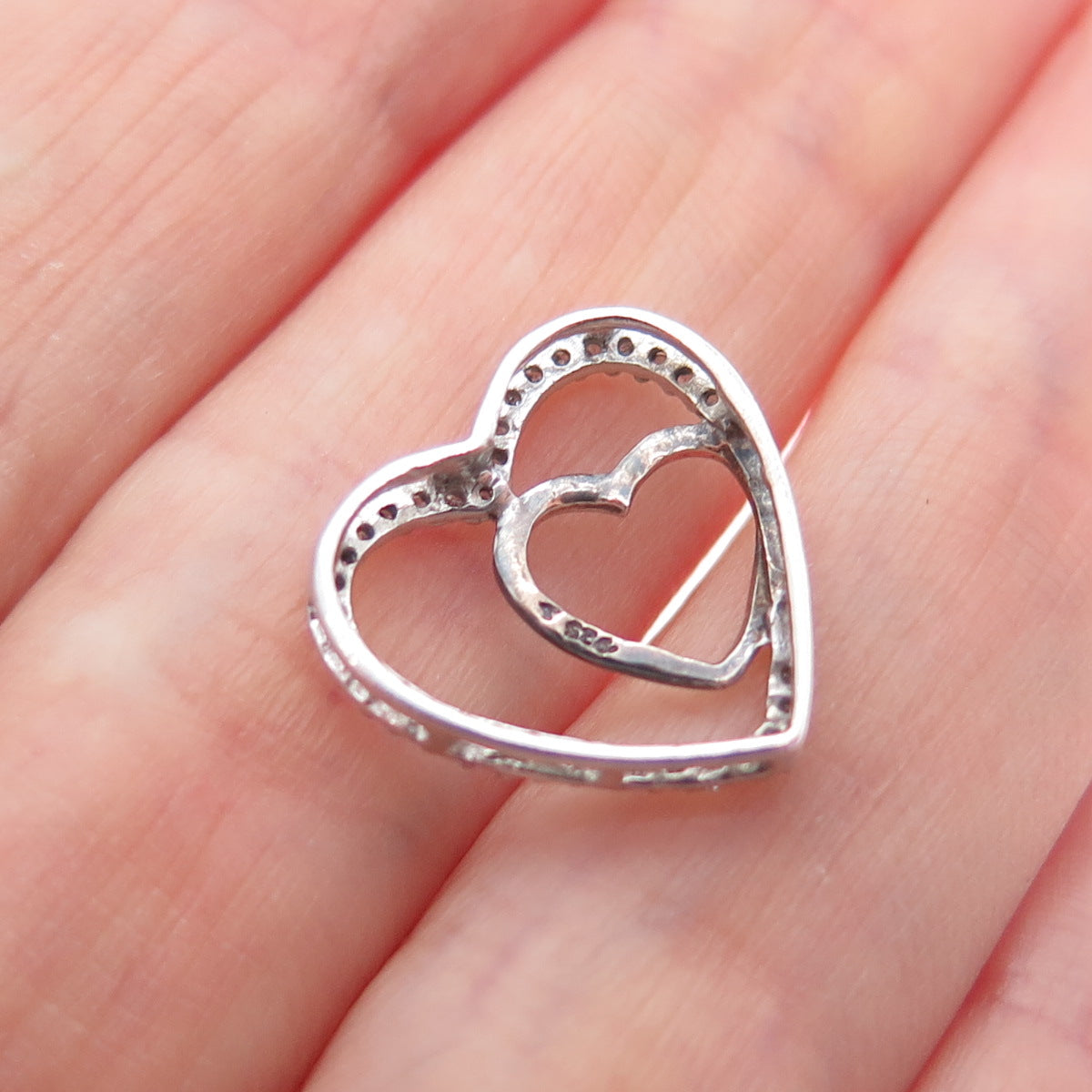 925 Sterling Silver Real Round-Cut Diamond Double Heart Mini Slide Pendant