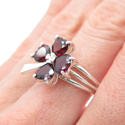 MONICA JAIN Sterling Silver Vintage Real Heart-Cut Garnet Clover Ring Size 6.25