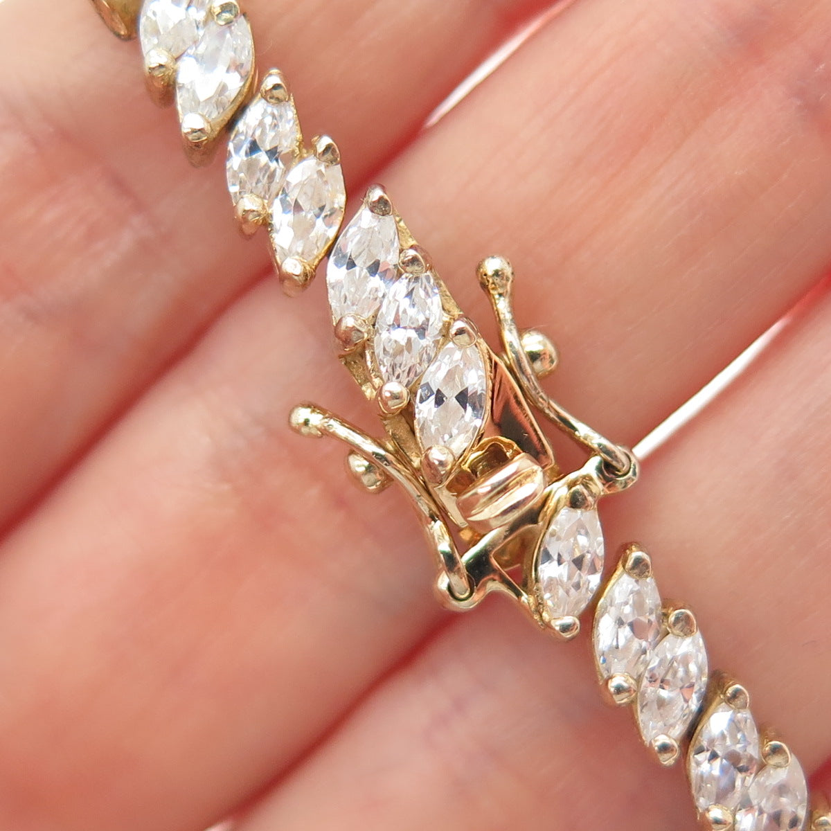 925 Sterling Silver Gold Plated Marquise-Cut C Z Tennis Link Bracelet 7"