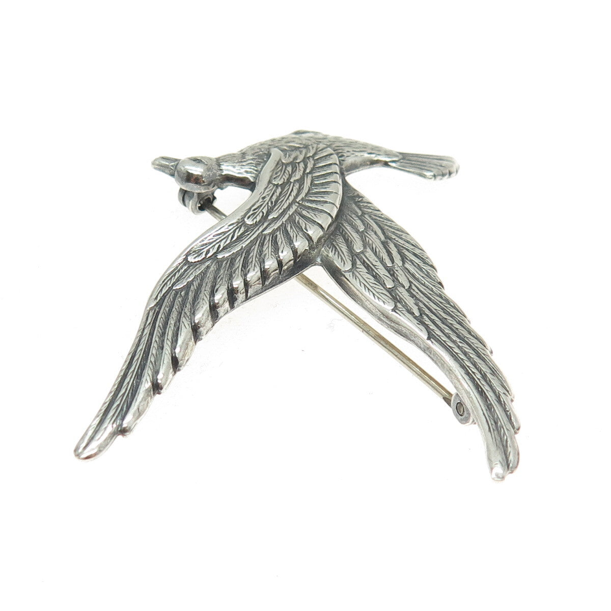 925 Sterling Silver Antique Art Deco Seagull Bird Repousse Oxidized Pin Brooch