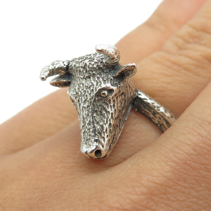 925 Sterling Silver Vintage Bull Head 3D Ring Size 6
