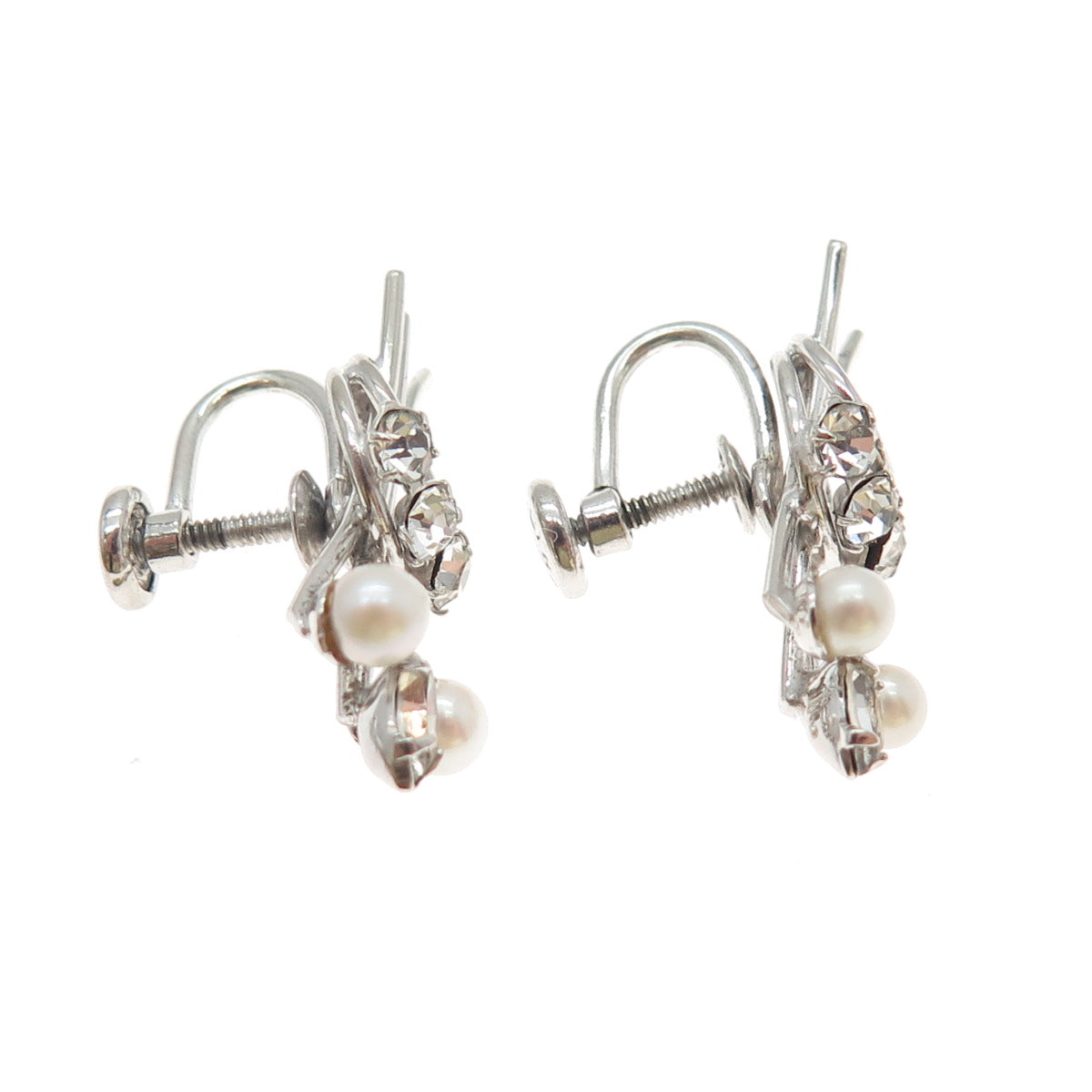 CARL ART 925 Sterling Silver Vintage Real Pearl & Rhinestone Screw Back Earrings