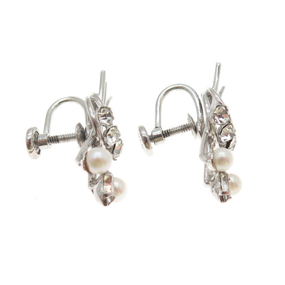 CARL ART 925 Sterling Silver Vintage Real Pearl & Rhinestone Screw Back Earrings