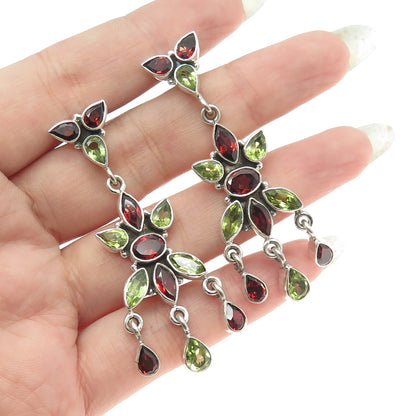 925 Sterling Silver Vintage Real Multi-Cut Red Garnet Peridot Dangling Earrings