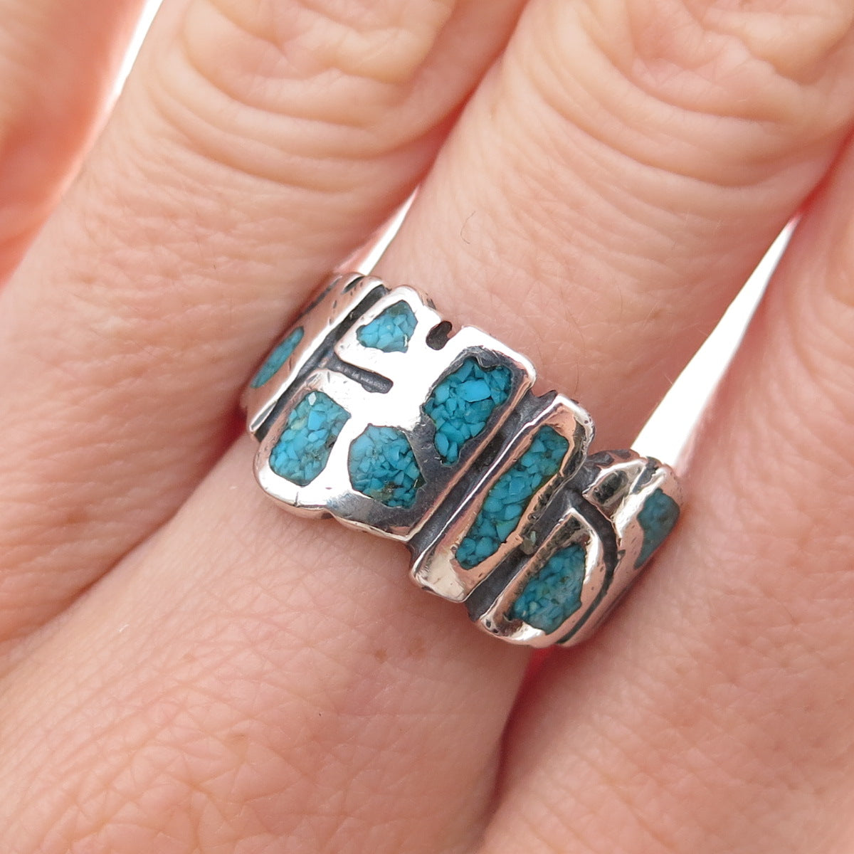 Pacific Jewelry Old Pawn 925 Sterling Silver Vintage Turquoise Inlay Ring Size 8