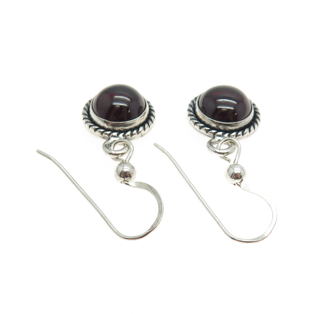 925 Sterling Silver Vintage Real Red Garnet Gemstone Dangle Hook Earrings