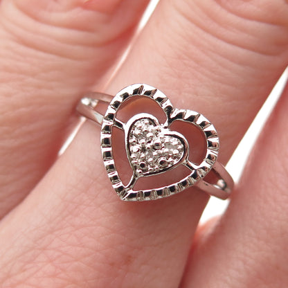 925 Sterling Silver Real Round-Cut Diamond Heart Ring Size 7