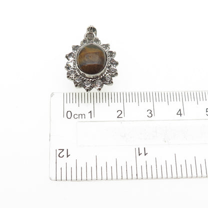 925 Sterling Silver Vintage Real Tiger Eye & Rhinestone Oxidized Charm Pendant