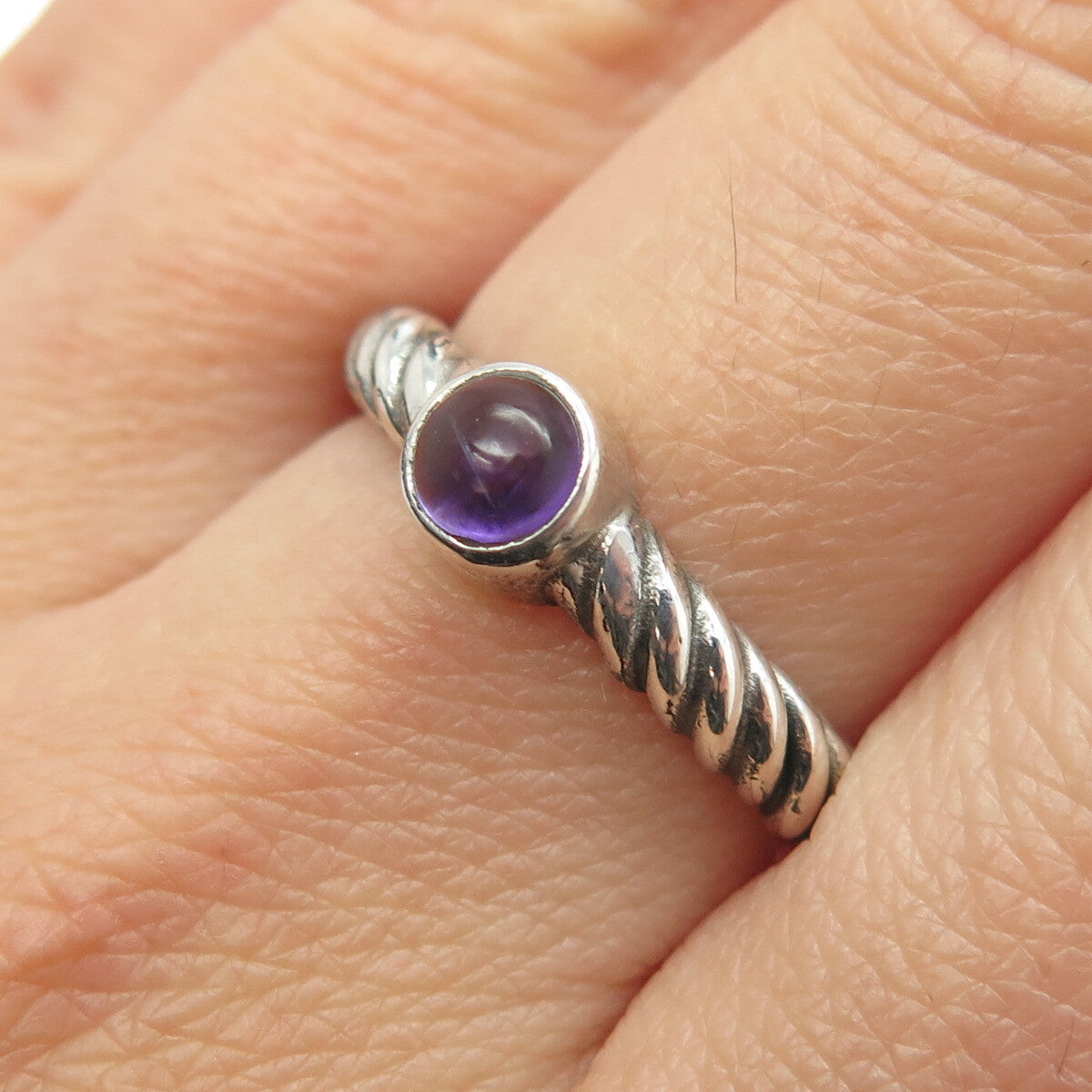925 Sterling Silver Vintage Real Amethyst Twisted Rope Ring Size 8.75