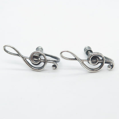 925 Sterling Silver Vintage Treble Clef Music Screw Back Earrings