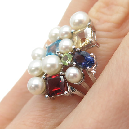 925 Sterling Silver Real Pearl Topaz Citrine Peridot Garnet & Iolite Ring Size 5