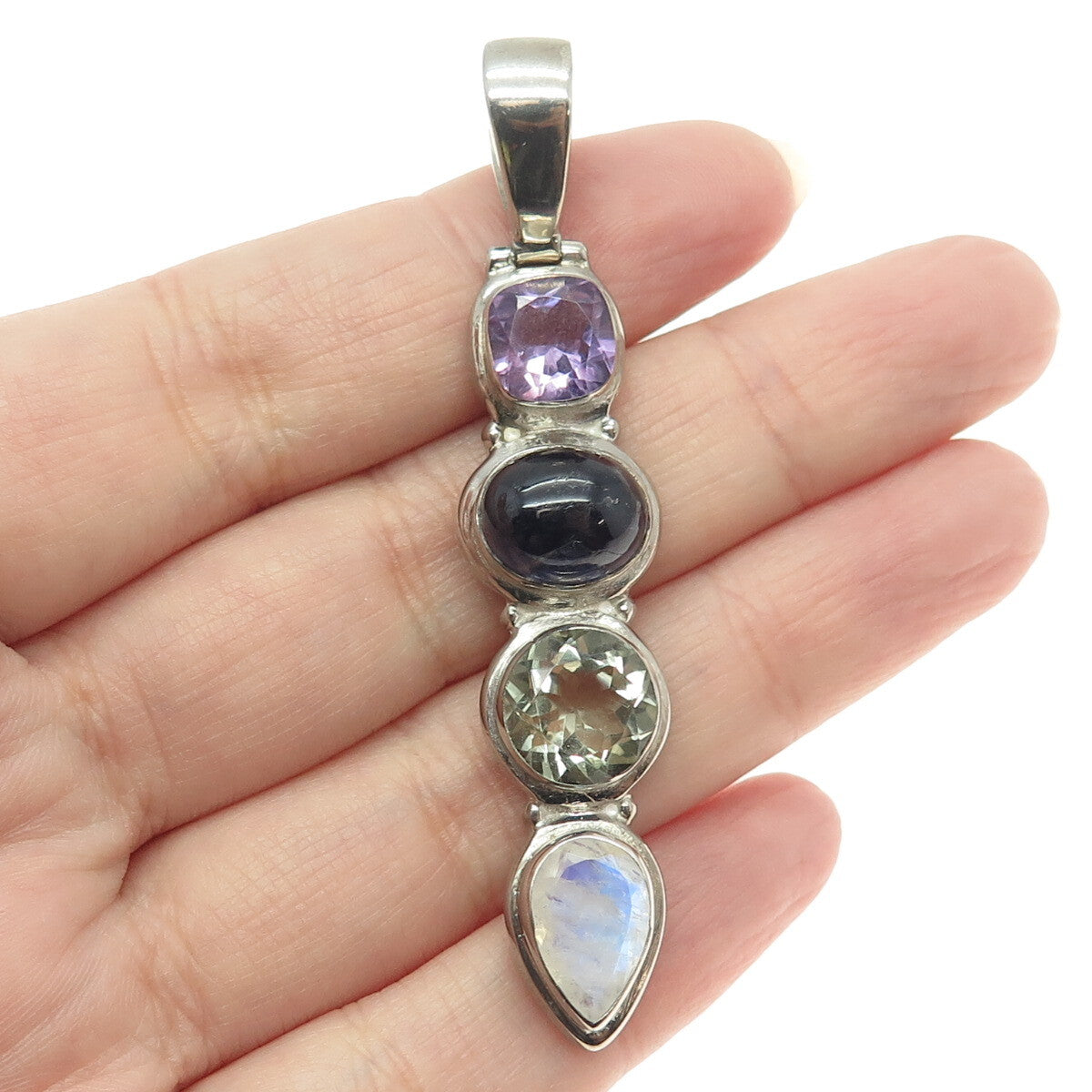 925 Sterling Silver Vintage Real Green Purple Amethyst Iolite Moonstone Pendant
