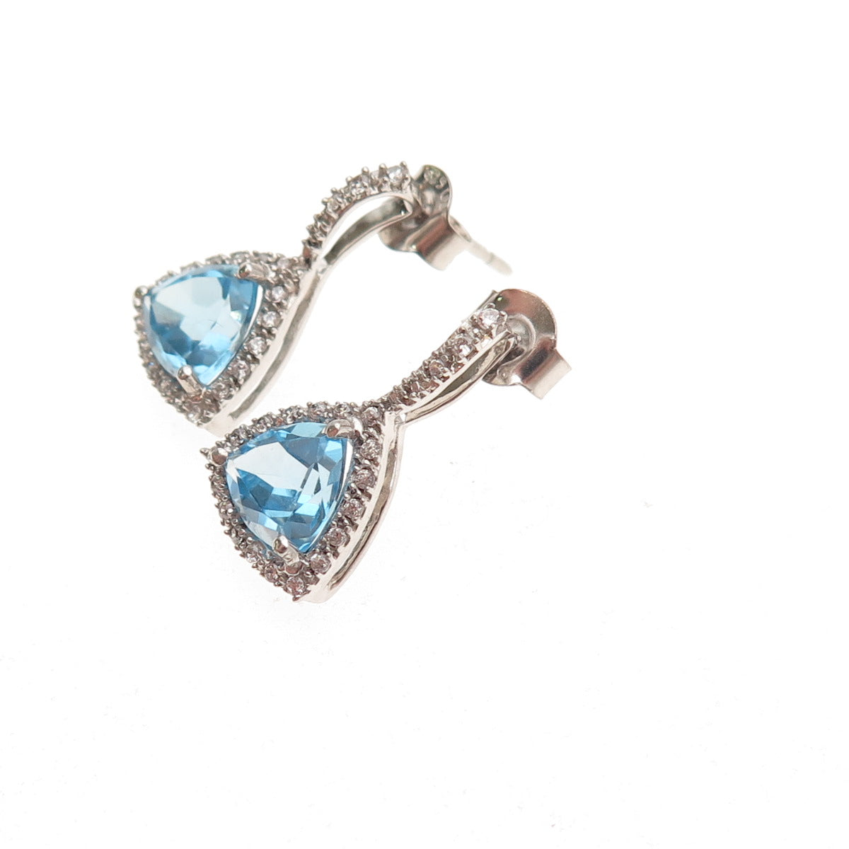 925 Sterling Silver Real Triangle-Cut Blue Topaz & Round-Cut C Z Earrings