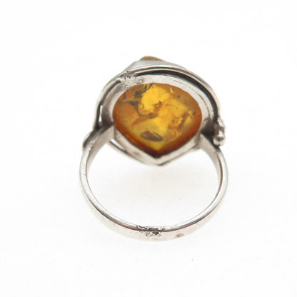 925 Sterling Silver Vintage JP Poland Real Amber Modernist Ring Size 4.75