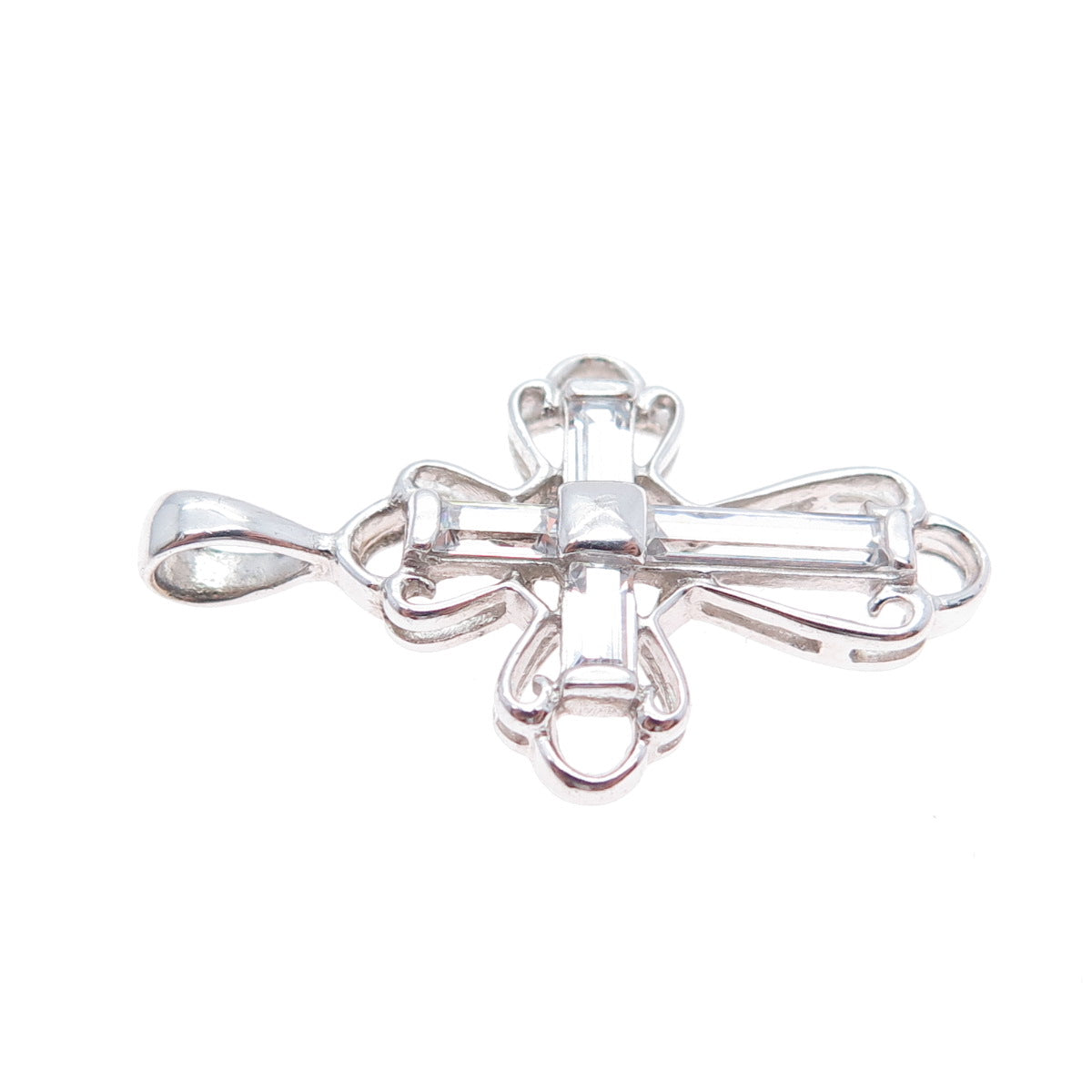 925 Sterling Silver Baguette-Cut C Z Cross Minimalist Charm Pendant