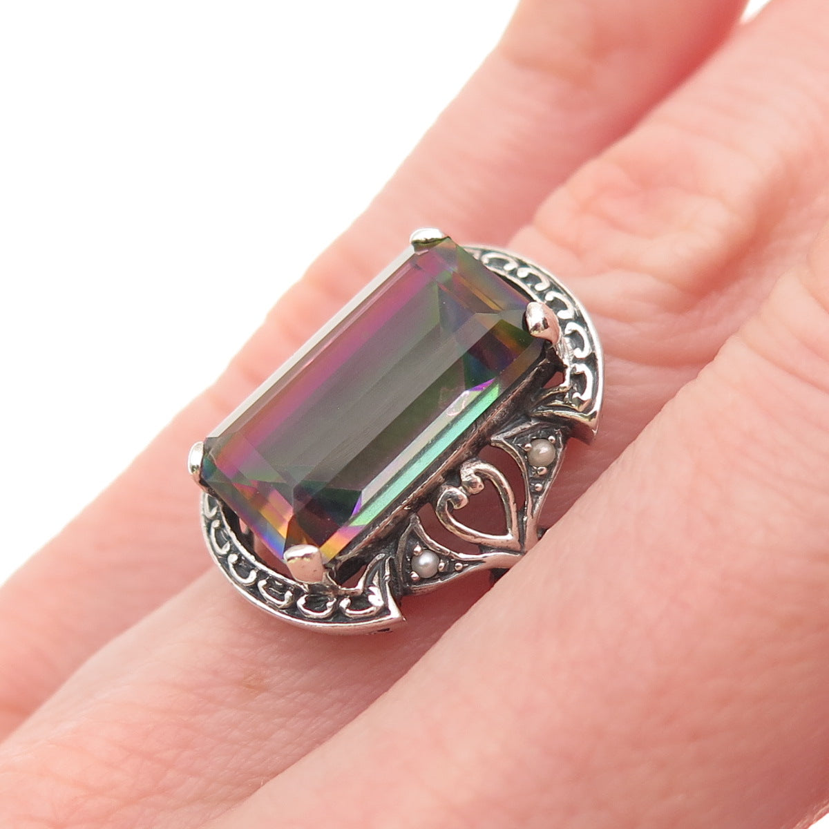 925 Sterling Silver Vintage Real Mystic Quartz & Pearl Oxidized Ring Size 5.75